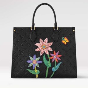Replica Louis Vuitton LV Women LV x YK OnTheGo MM Black Embossed Grained Monogram Cowhide Leather Flower