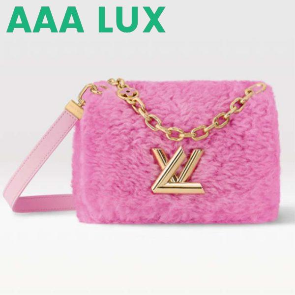 Replica Louis Vuitton LV Women Twist MM Handbag Pink Shearling Smooth Calfskin Leather