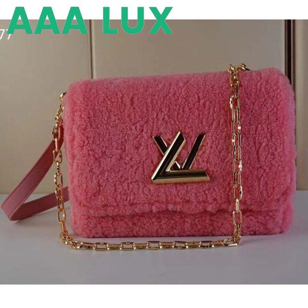 Replica Louis Vuitton LV Women Twist MM Handbag Pink Shearling Smooth Calfskin Leather 3