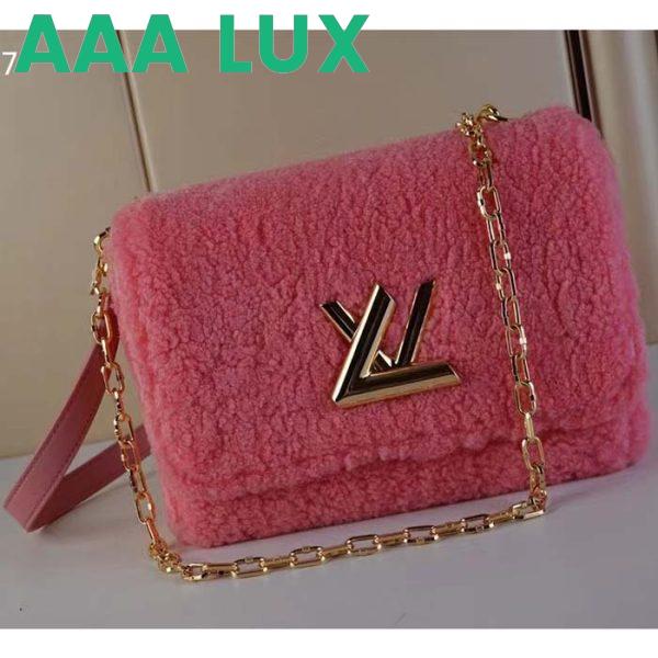 Replica Louis Vuitton LV Women Twist MM Handbag Pink Shearling Smooth Calfskin Leather 4