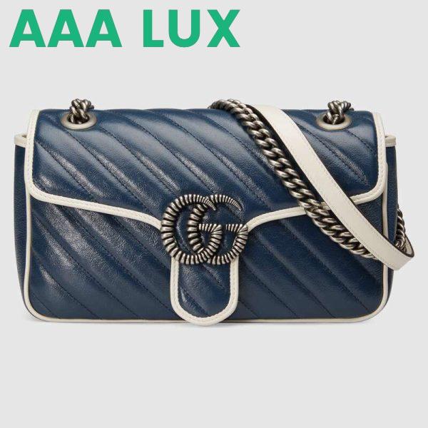 Replica Gucci GG Women GG Marmont Small Shoulder Bag in Blue Diagonal Matelassé Leather