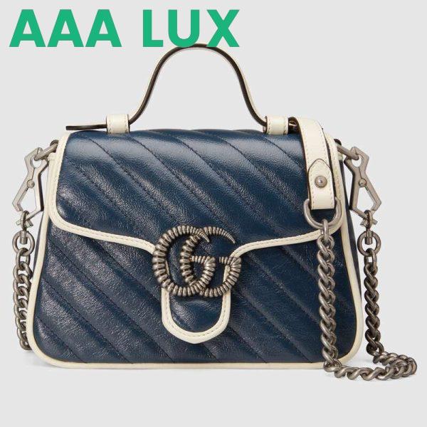 Replica Gucci GG Women GG Marmont Mini Top Handle Bag in Blue Diagonal Matelassé Leather 2