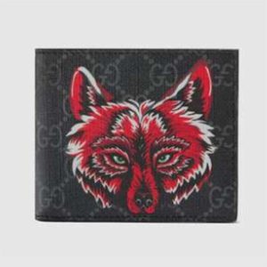 Replica Gucci GG Men GG Supreme Wallet with Wolf in Black and Grey GG Supreme Canvas