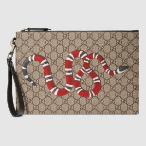 Replica Gucci GG Men Gucci Bestiary Pouch with Kingsnake in Beige/Ebony GG Supreme Canvas 2