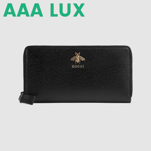 Replica Gucci GG Unisex Animalier Leather Zip Around Wallet in Black Leather