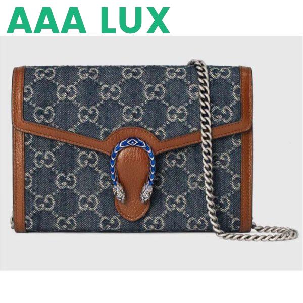 Replica Gucci GG Unisex Dionysus Mini Chain Bag Dark Blue Ivory Eco Washed Organic GG Jacquard Denim