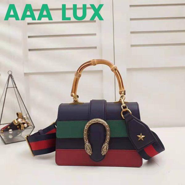 Replica Gucci GG Women Dionysus Medium Top Handle Bag in Blue Gucci Green and Hibiscus Red Leather 3