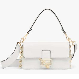 Replica Fendi Women FF Baguette Brooch Fendace White Leather Bag