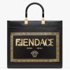 Replica Fendi Women FF Sunshine Medium Fendace Printed Black Leather Logo Shopper