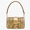 Replica Fendi Women FF Brooch Mini Baguette Fendace Bag Gold Perforated Leather