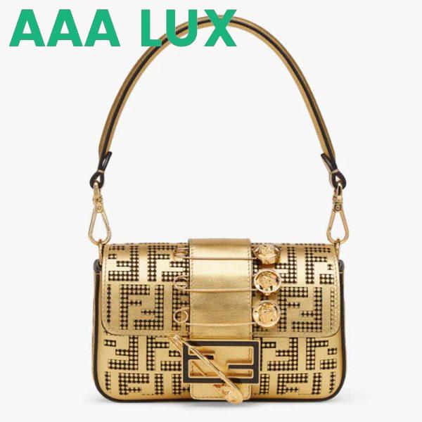 Replica Fendi Women FF Brooch Mini Baguette Fendace Bag Gold Perforated Leather
