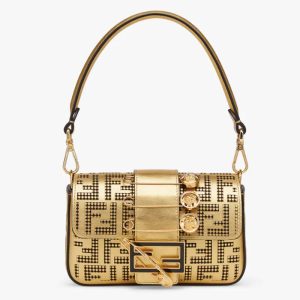 Replica Fendi Women FF Brooch Mini Baguette Fendace Bag Gold Perforated Leather 2
