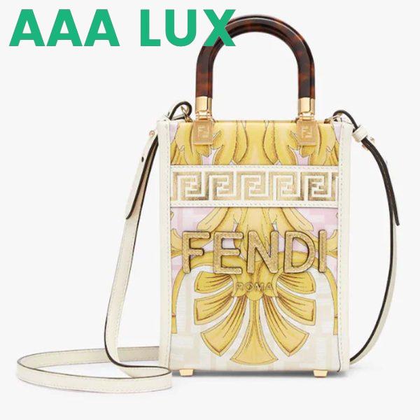 Replica Fendi Women Mini Sunshine Shopper Fendace Printed White FF Leather Mini Bag