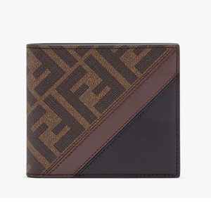 Replica Fendi Unisex Wallet Brown Fabric Bi-Fold FF Motif Black Leather