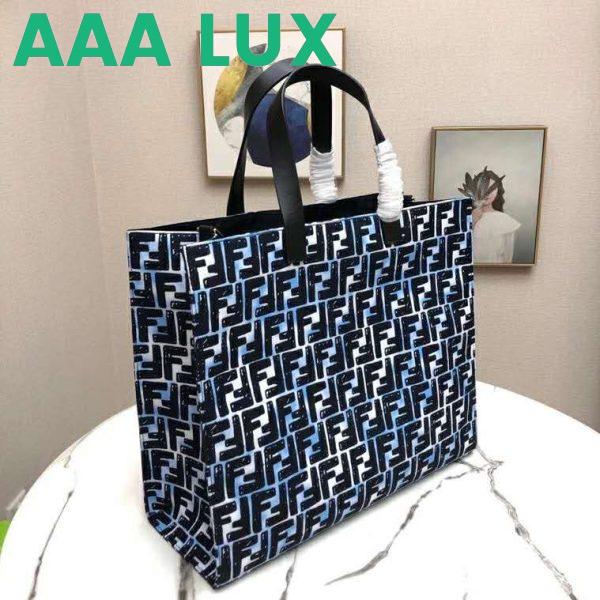 Replica Fendi Women Shopper Bag Blue Glazed Fabric Canvas FF Bag 4