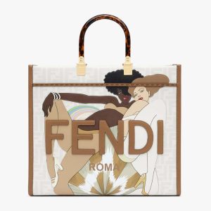 Replica Fendi Women Sunshine Medium FF white Glazed Fabric Shopper with Inlay 2