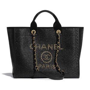 Replica Chanel Women Large Shopping Bag Straw Calfskin & Gold-Tone Metal Black 2