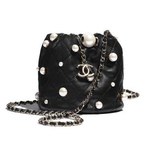 Replica Chanel Women Mini Drawstring Bag Lambskin Imitation Pearls & Gold-Tone Metal Black 2
