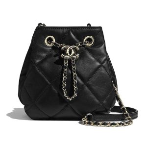 Replica Chanel Women Small Drawstring Bag Lambskin & Gold-Tone Metal-Black 2