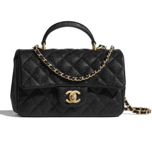 Replica Chanel Women Mini Flap Bag with Top Handle Grained Calfskin Gold Tone Metal Black 2