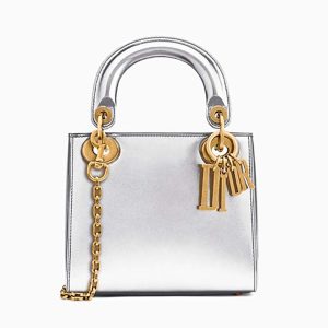 Replica Dior Mini Lady Dior Bag With Chain in Silver-Tone Metallic Calfskin
