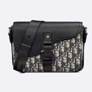 Replica Dior Unisex CD Mini Saddle Bag Strap Beige Black Oblique Jacquard Black Grained Calfskin 2