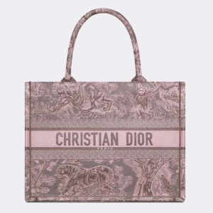 Replica Dior Women CD Medium Book Tote Pink Gray Toile De Jouy Sauvage Embroidery 2